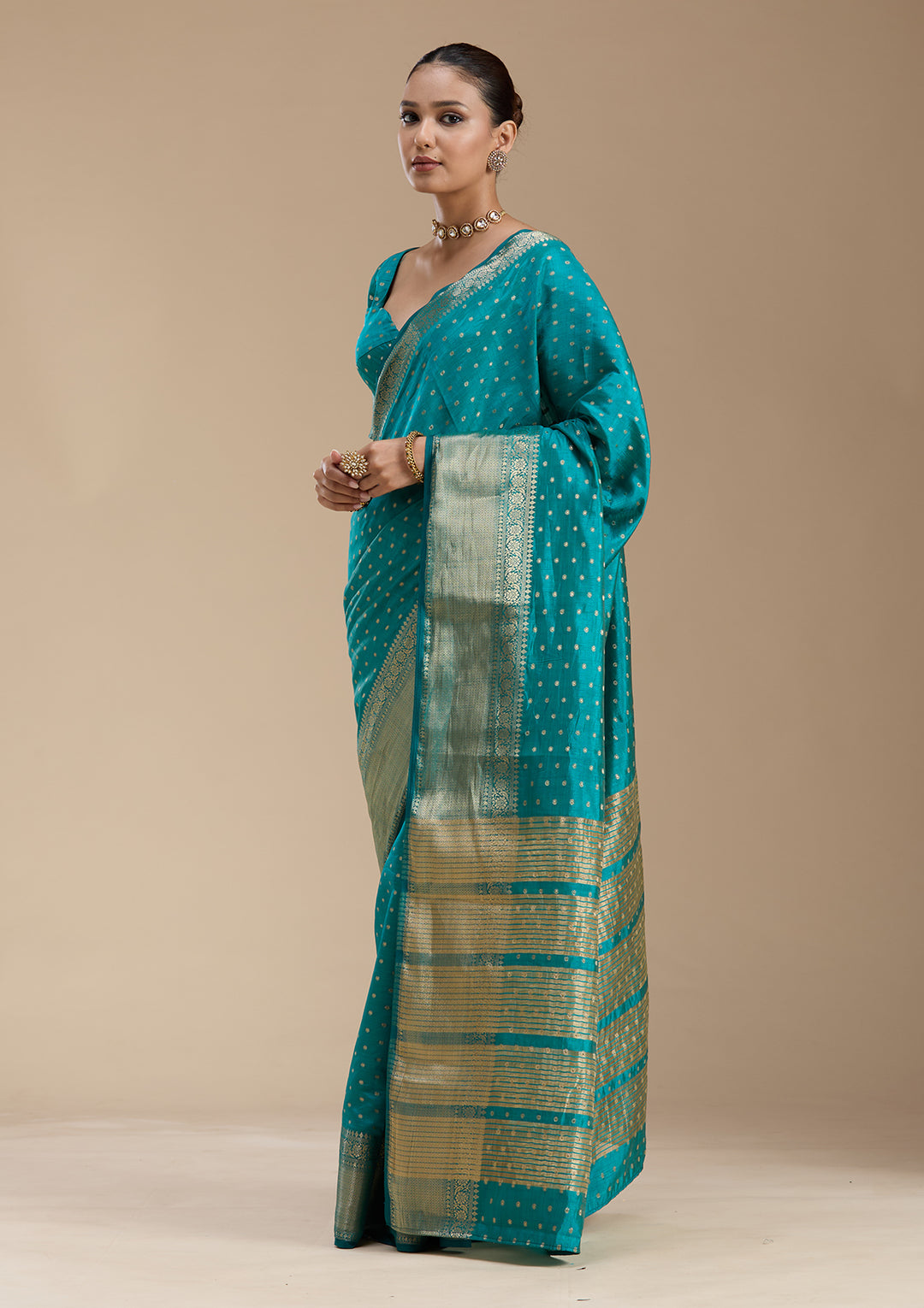 Turquoise Blue Tussar Buti Gold Zariwork Saree With Matching Blouse Piece