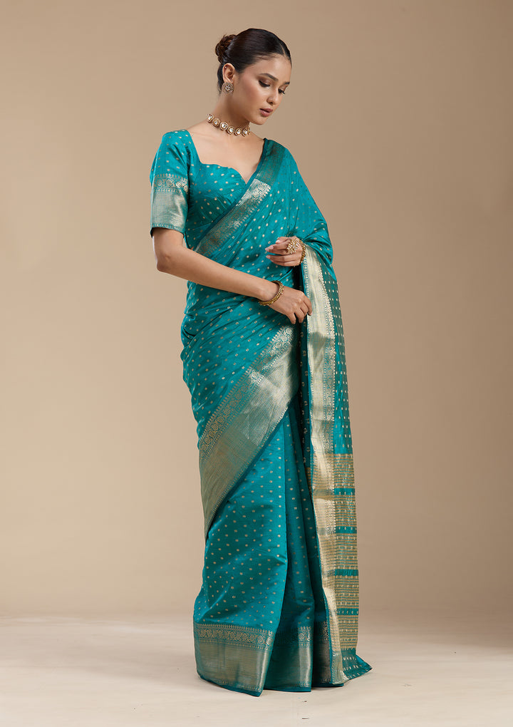 Turquoise Blue Tussar Buti Gold Zariwork Saree With Matching Blouse Piece