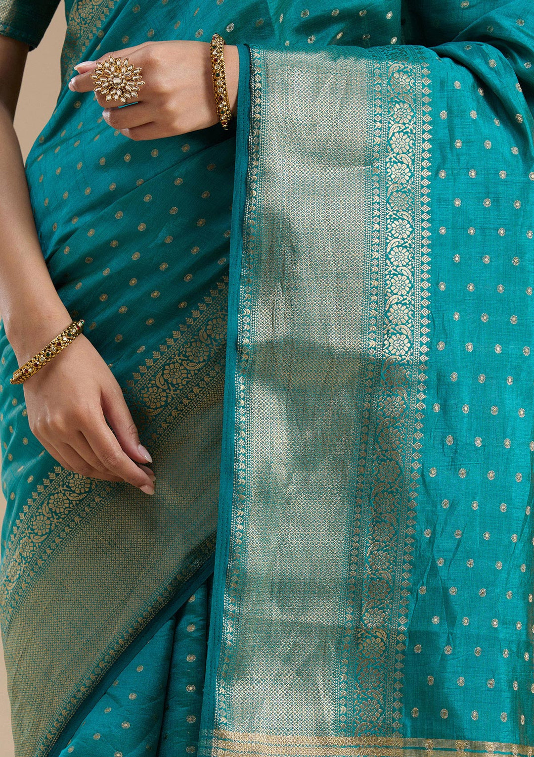 Turquoise Blue Tussar Buti Gold Zariwork Saree With Matching Blouse Piece