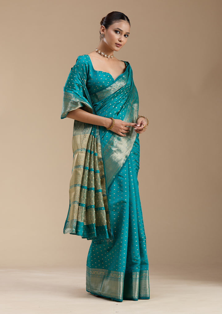 Turquoise Blue Tussar Buti Gold Zariwork Saree With Matching Blouse Piece