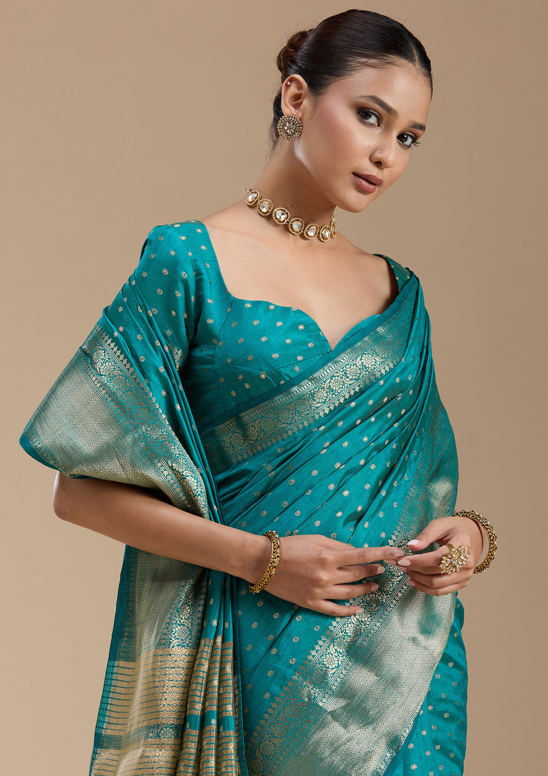 Turquoise Blue Tussar Buti Gold Zariwork Saree With Matching Blouse Piece