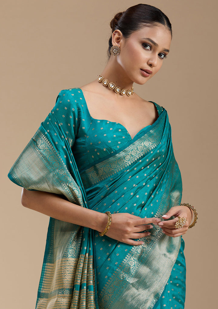 Turquoise Blue Tussar Buti Gold Zariwork Saree With Matching Blouse Piece