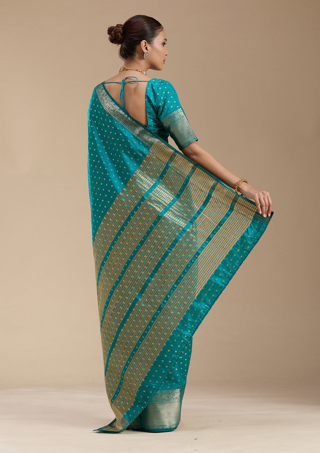 Turquoise Blue Tussar Buti Gold Zariwork Saree With Matching Blouse Piece