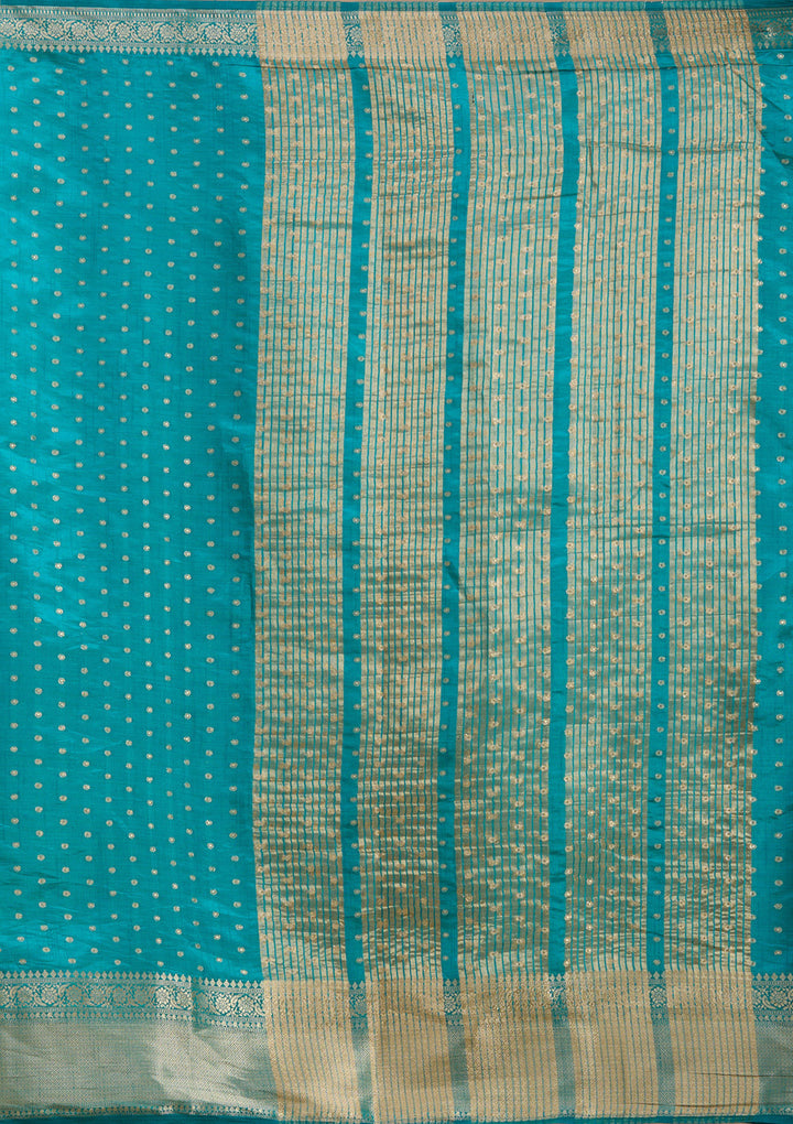 Turquoise Blue Tussar Buti Gold Zariwork Saree With Matching Blouse Piece