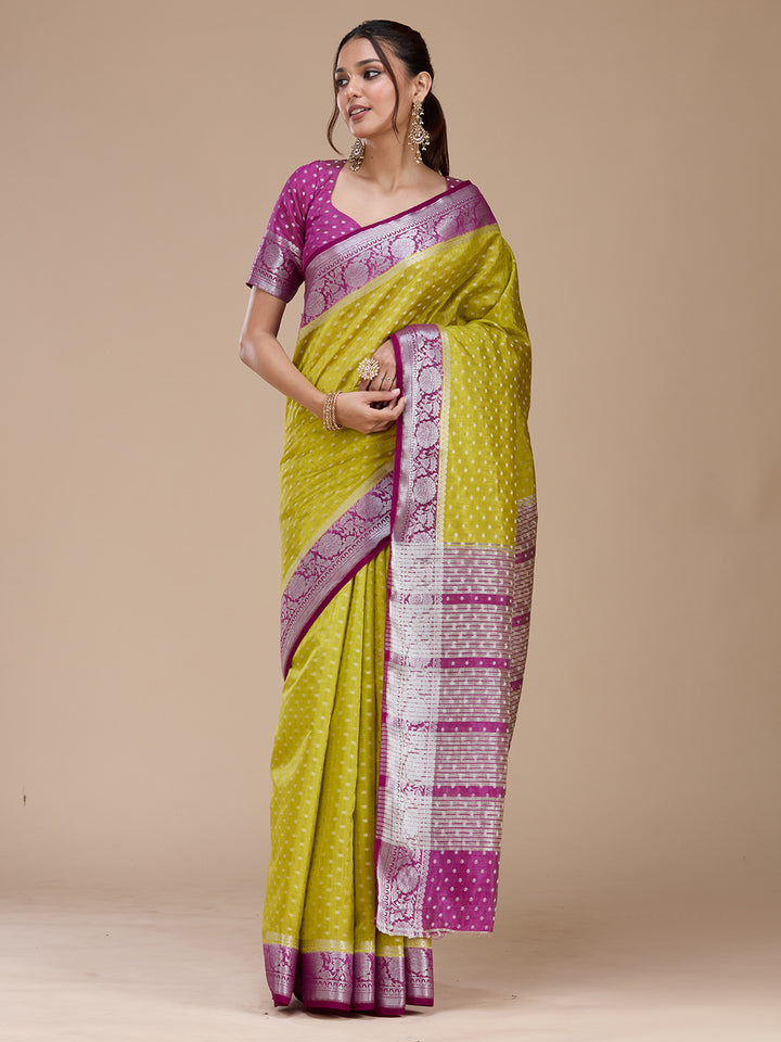 Mehendi Tussar Buti Silver Zariwork Saree With Matching Blouse Piece