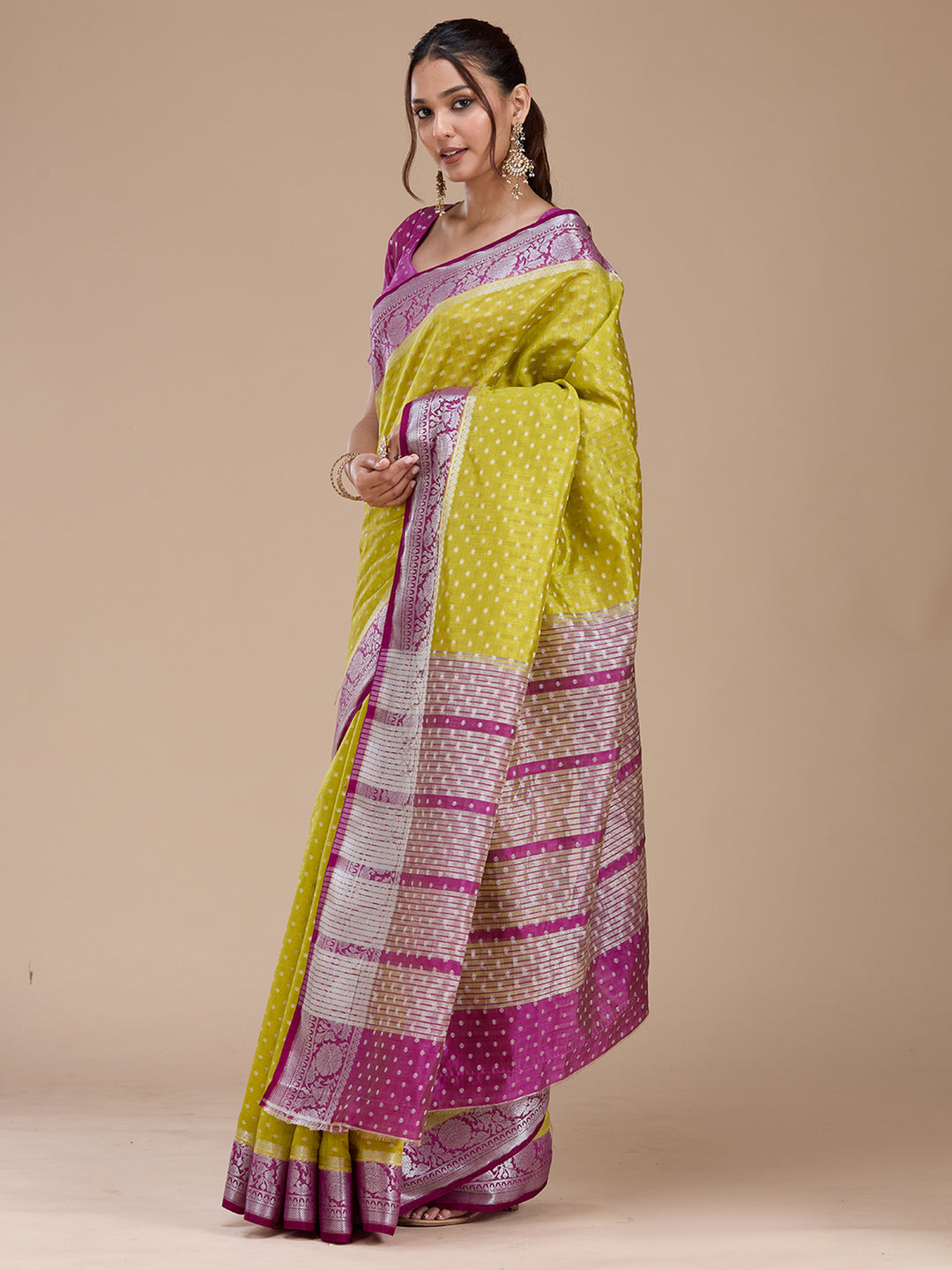 Mehendi Tussar Buti Silver Zariwork Saree With Matching Blouse Piece