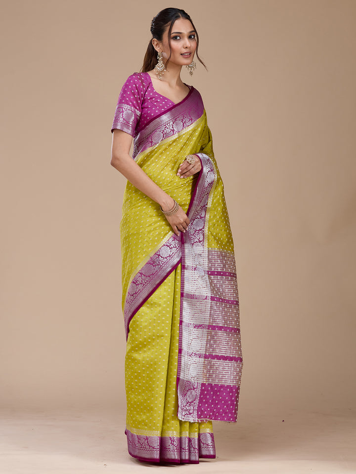 Mehendi Tussar Buti Silver Zariwork Saree With Matching Blouse Piece