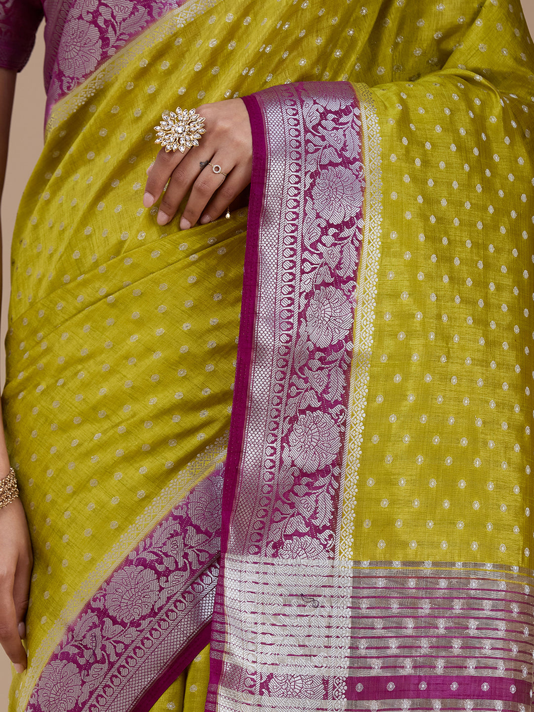 Mehendi Tussar Buti Silver Zariwork Saree With Matching Blouse Piece