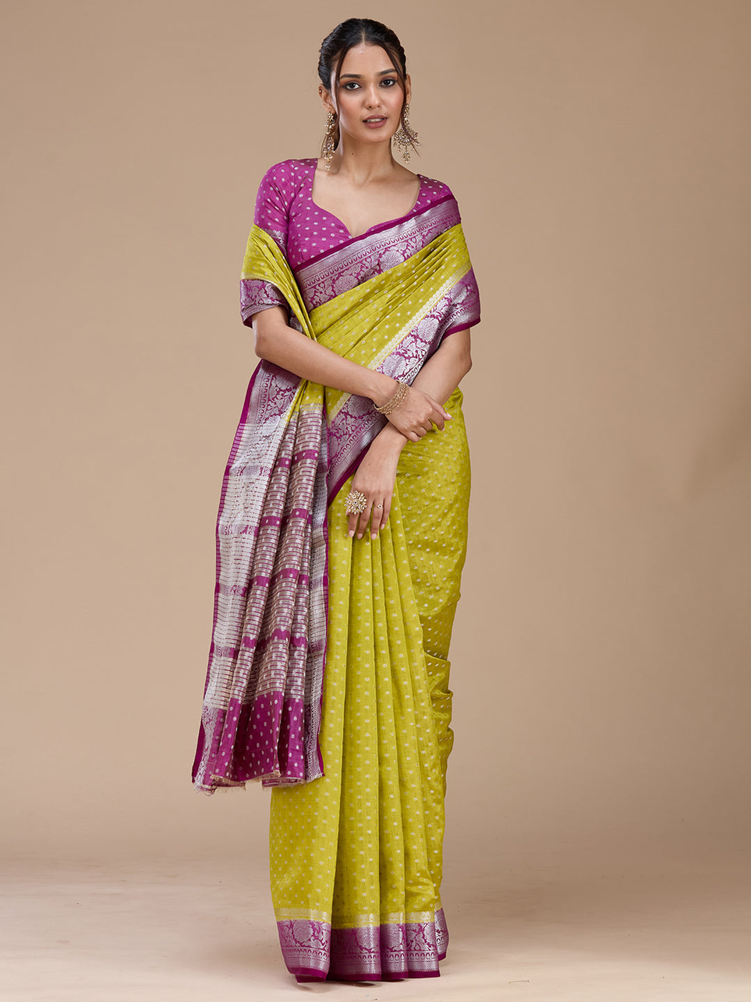 Mehendi Tussar Buti Silver Zariwork Saree With Matching Blouse Piece