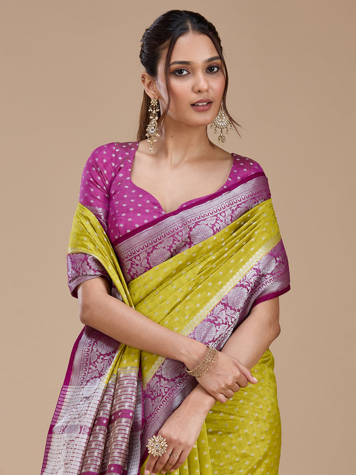 Mehendi Tussar Buti Silver Zariwork Saree With Matching Blouse Piece