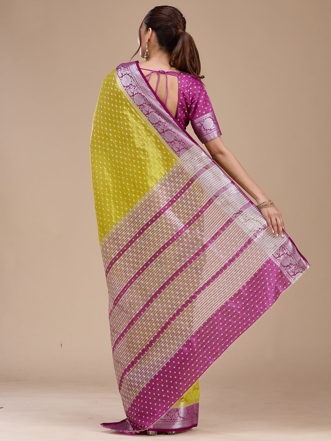 Mehendi Tussar Buti Silver Zariwork Saree With Matching Blouse Piece