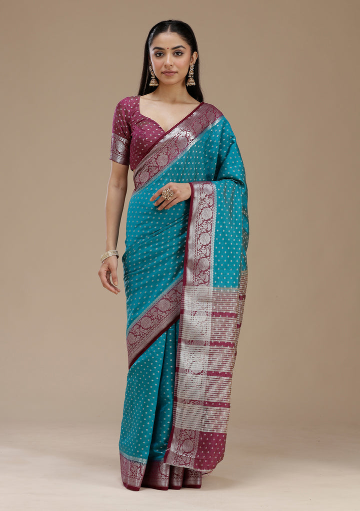 Turquoise Blue Tussar Buti Silver Zariwork Saree With Matching Blouse Piece