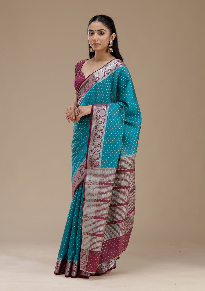 Turquoise Blue Tussar Buti Silver Zariwork Saree With Matching Blouse Piece