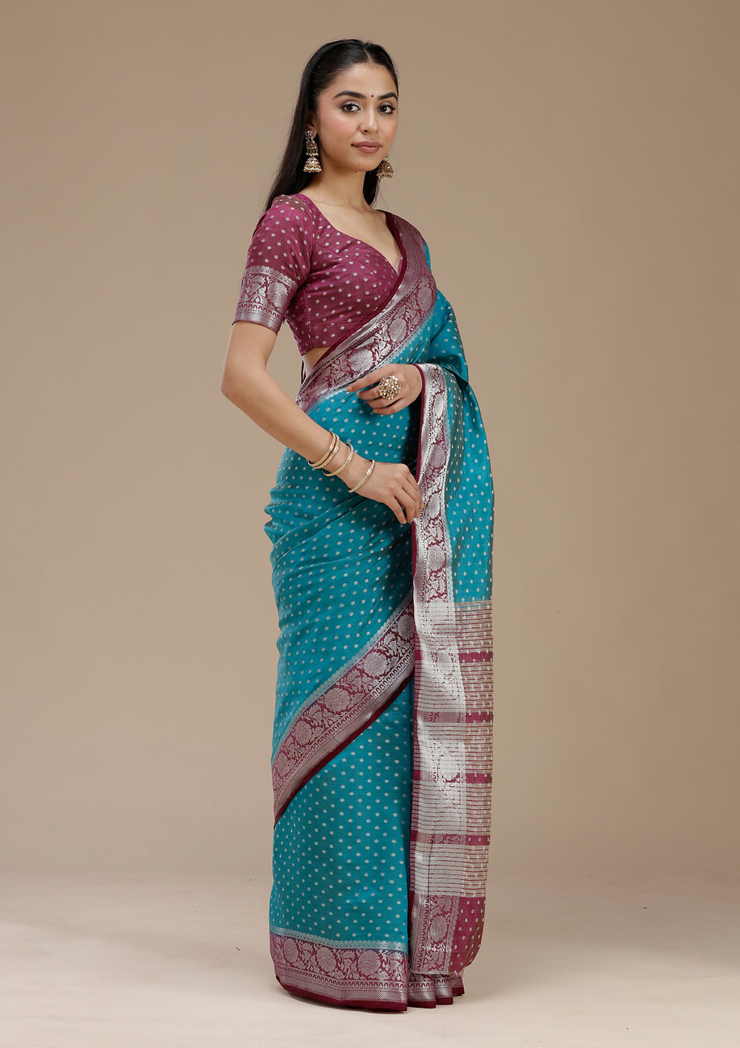 Turquoise Blue Tussar Buti Silver Zariwork Saree With Matching Blouse Piece