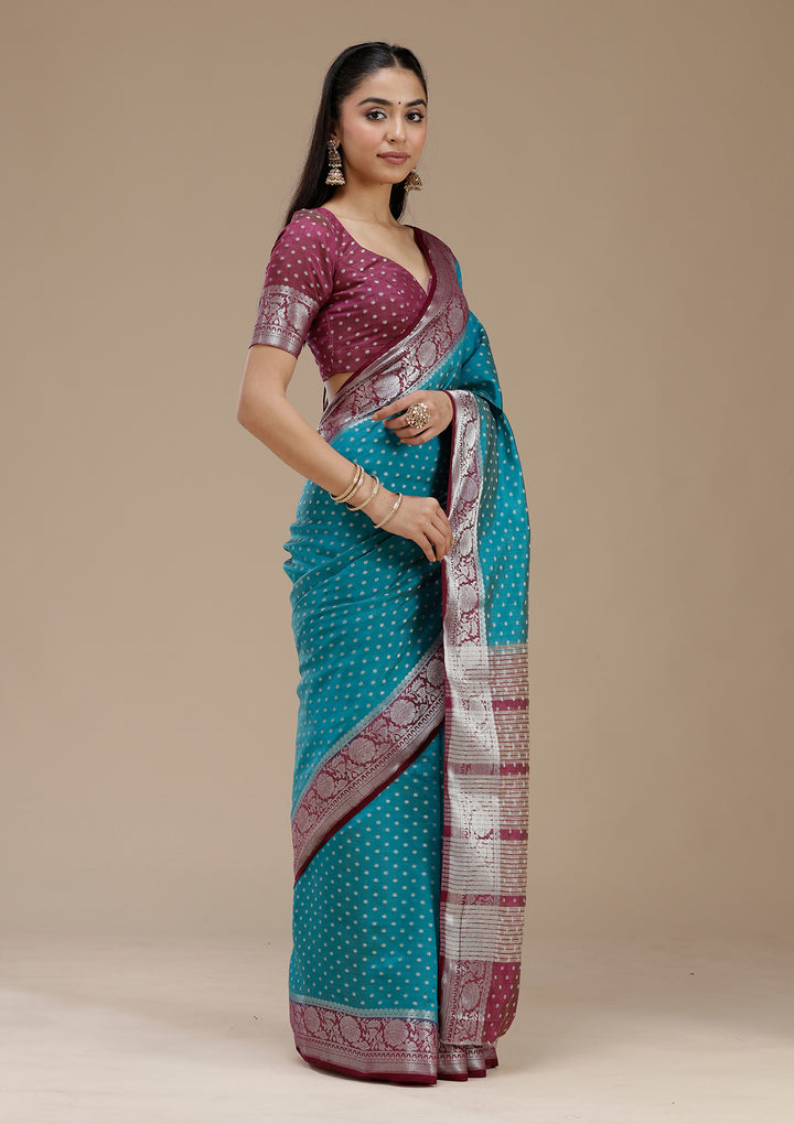 Turquoise Blue Tussar Buti Silver Zariwork Saree With Matching Blouse Piece