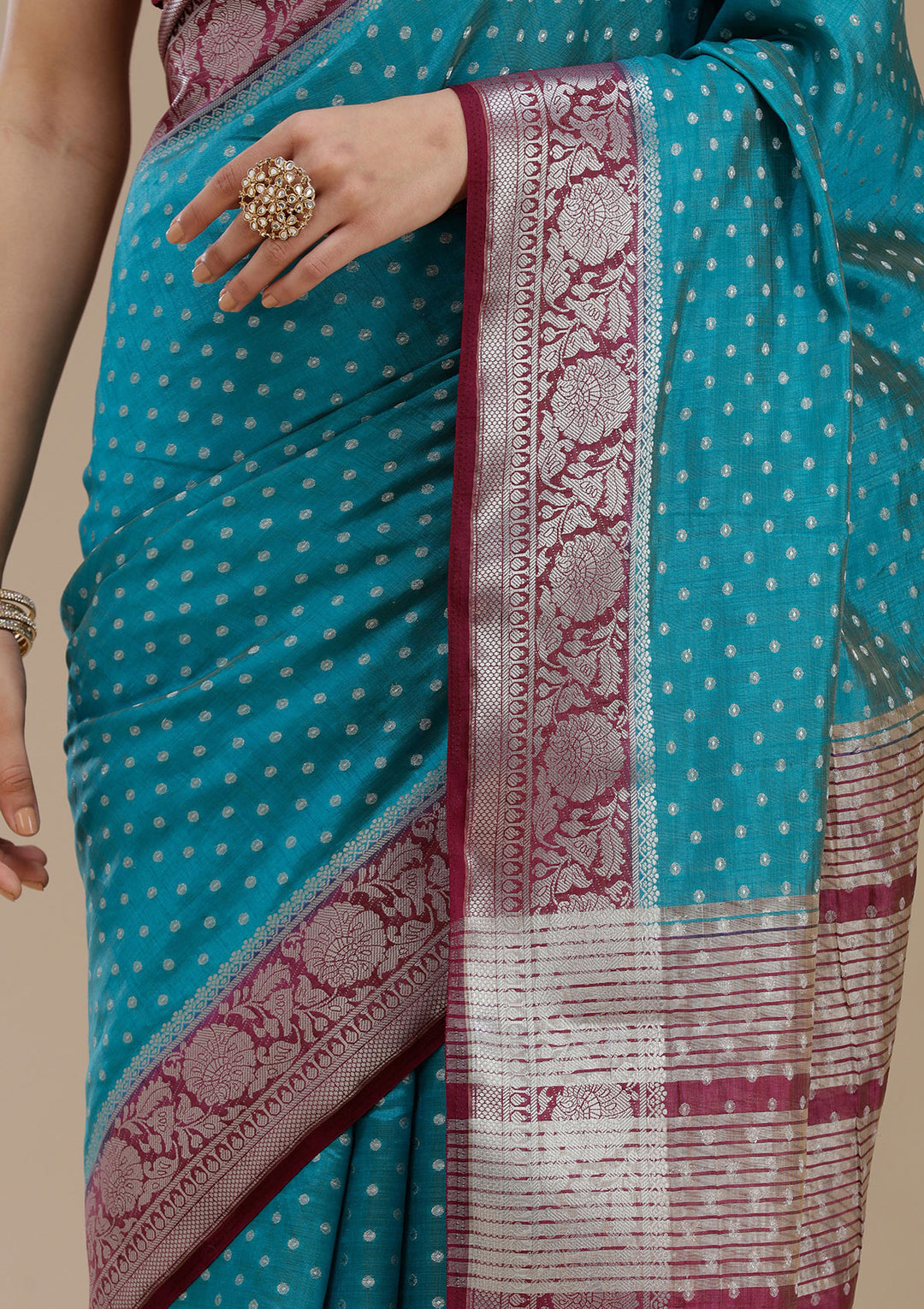 Turquoise Blue Tussar Buti Silver Zariwork Saree With Matching Blouse Piece