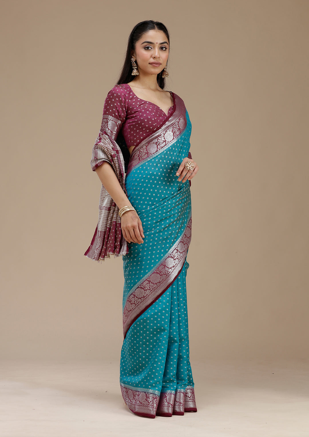 Turquoise Blue Tussar Buti Silver Zariwork Saree With Matching Blouse Piece