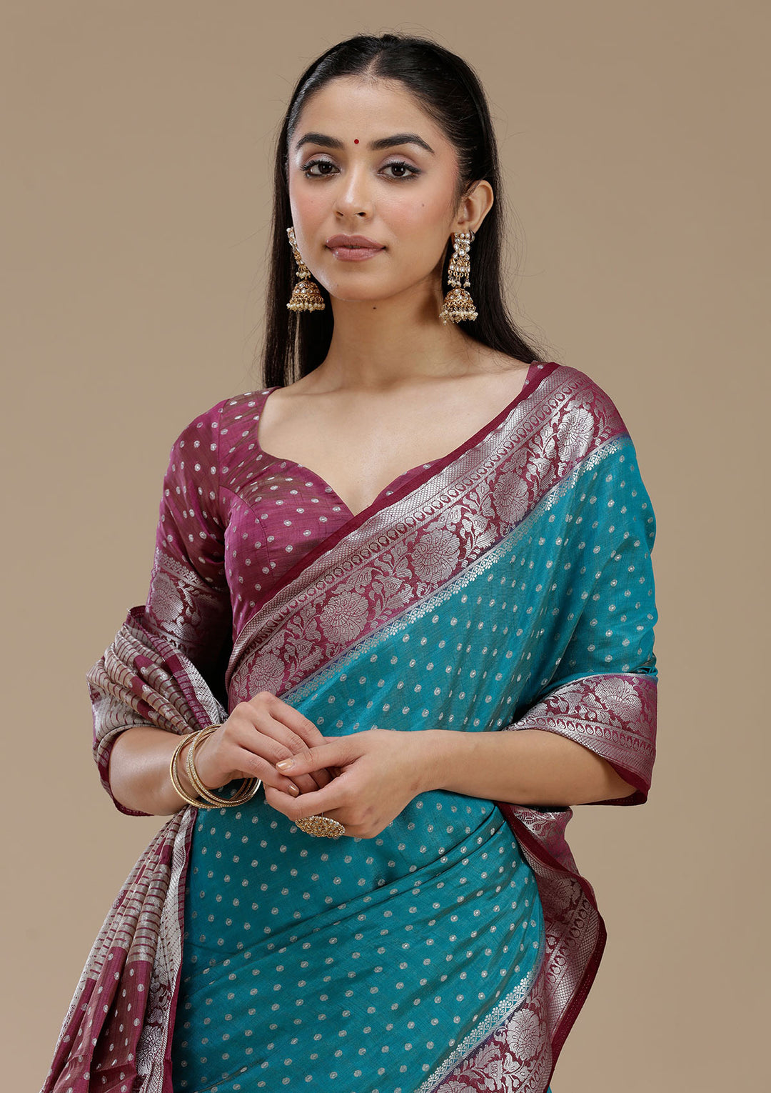 Turquoise Blue Tussar Buti Silver Zariwork Saree With Matching Blouse Piece