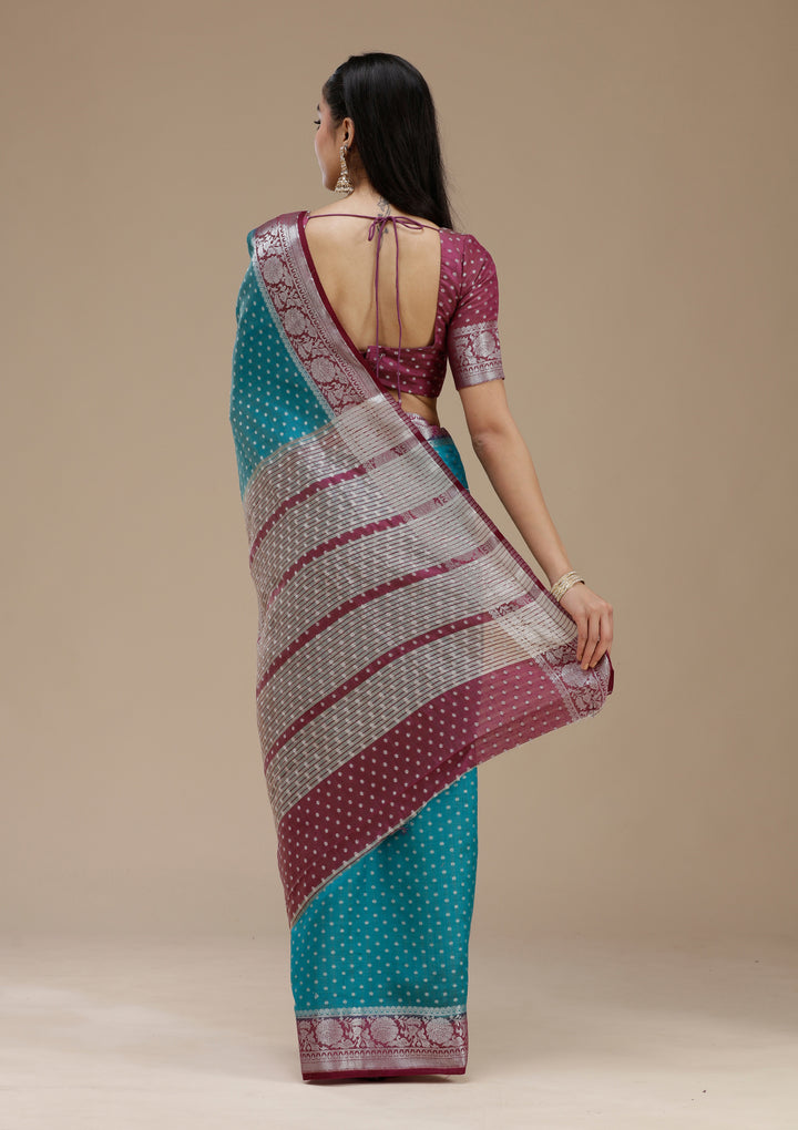 Turquoise Blue Tussar Buti Silver Zariwork Saree With Matching Blouse Piece