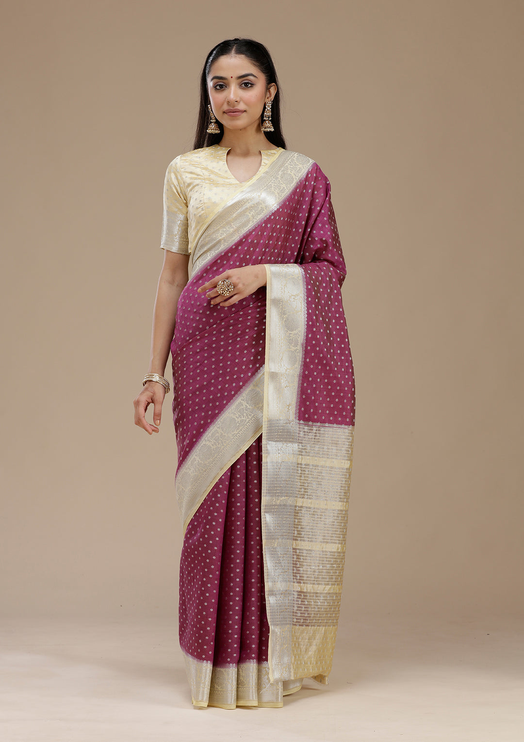 Wine Tussar Buti Silver Zariwork Saree With Matching Blouse Piece