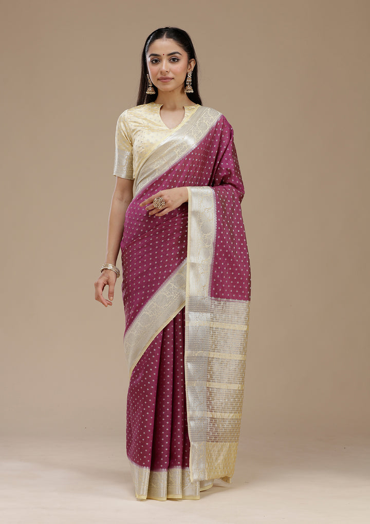 Wine Tussar Buti Silver Zariwork Saree With Matching Blouse Piece