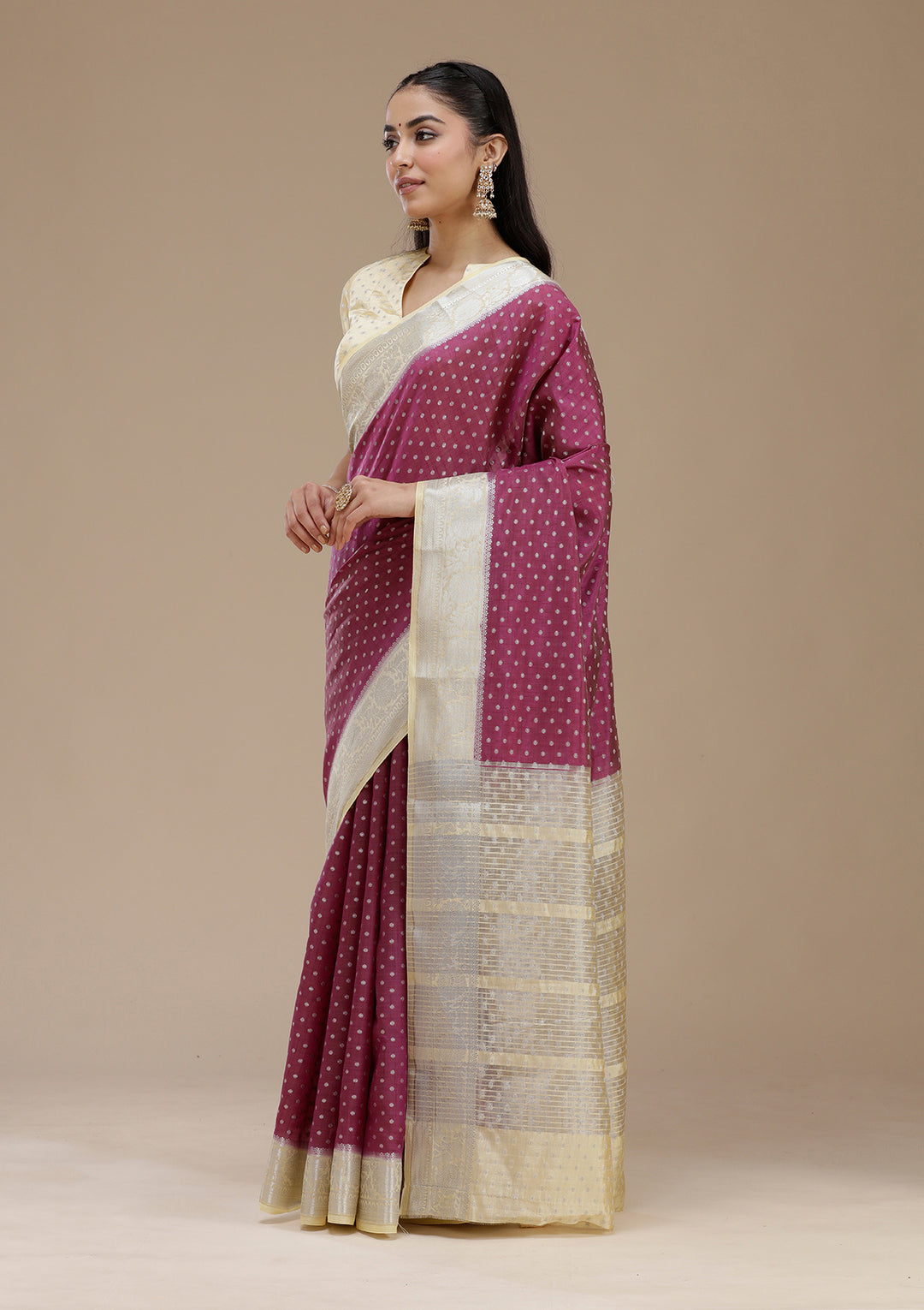 Wine Tussar Buti Silver Zariwork Saree With Matching Blouse Piece