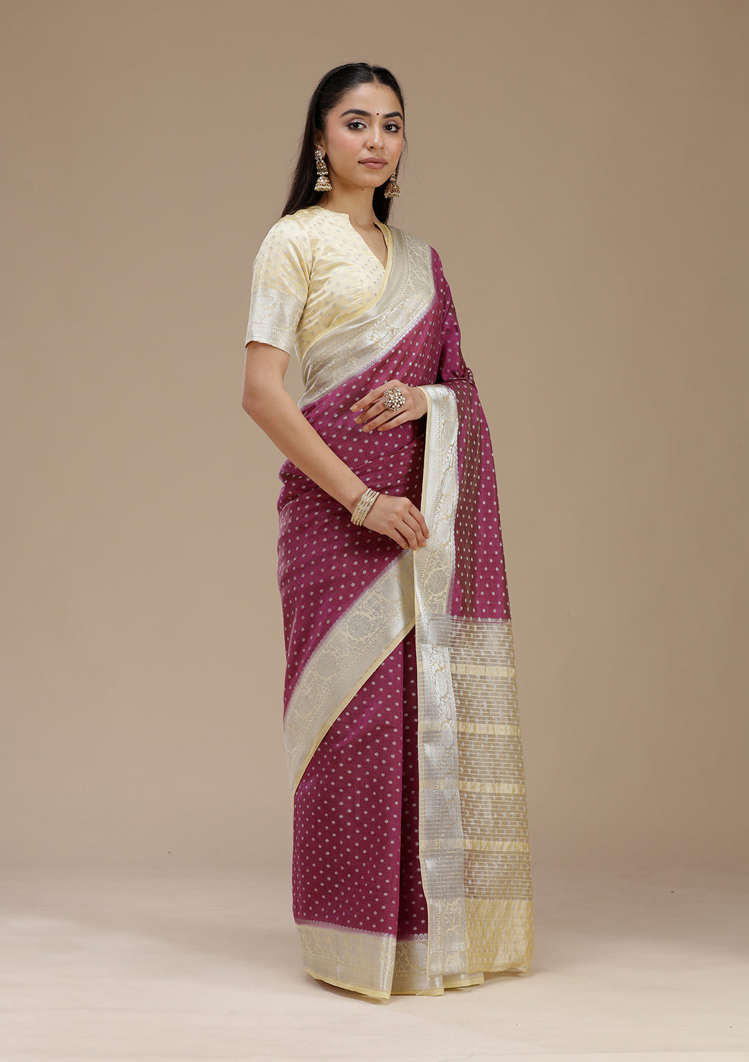 Wine Tussar Buti Silver Zariwork Saree With Matching Blouse Piece