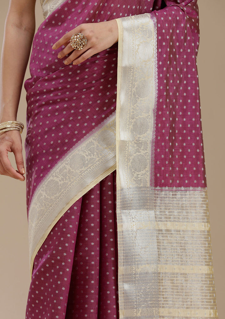 Wine Tussar Buti Silver Zariwork Saree With Matching Blouse Piece