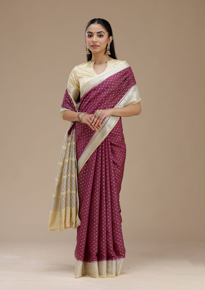 Wine Tussar Buti Silver Zariwork Saree With Matching Blouse Piece
