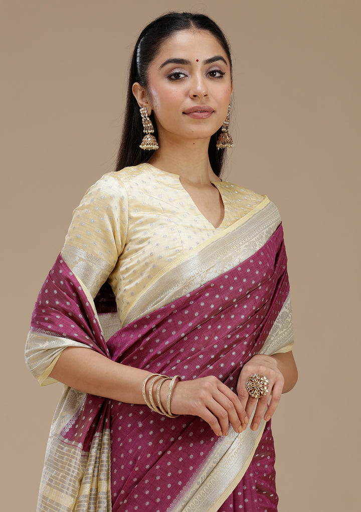 Wine Tussar Buti Silver Zariwork Saree With Matching Blouse Piece