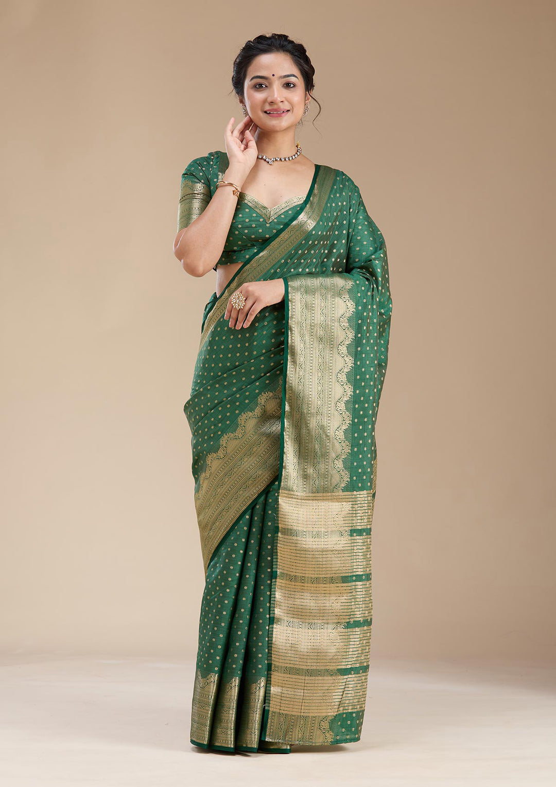 Bottle Green Silk Buti Gold Zariwork Saree With Matching Blouse Piece