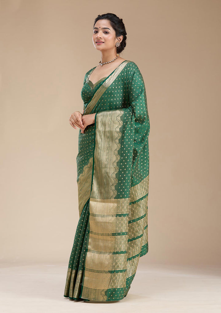 Bottle Green Silk Buti Gold Zariwork Saree With Matching Blouse Piece
