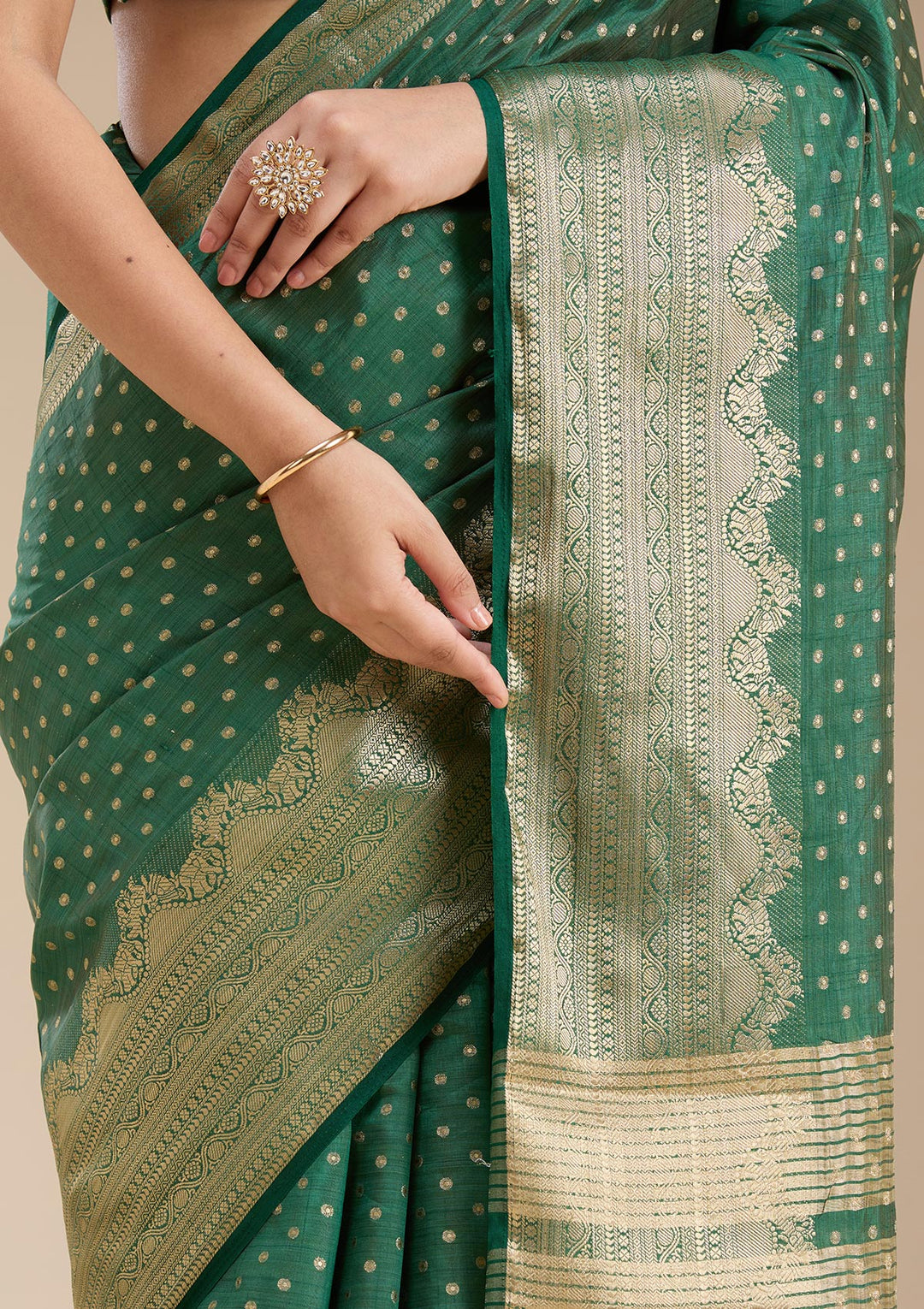 Bottle Green Silk Buti Gold Zariwork Saree With Matching Blouse Piece
