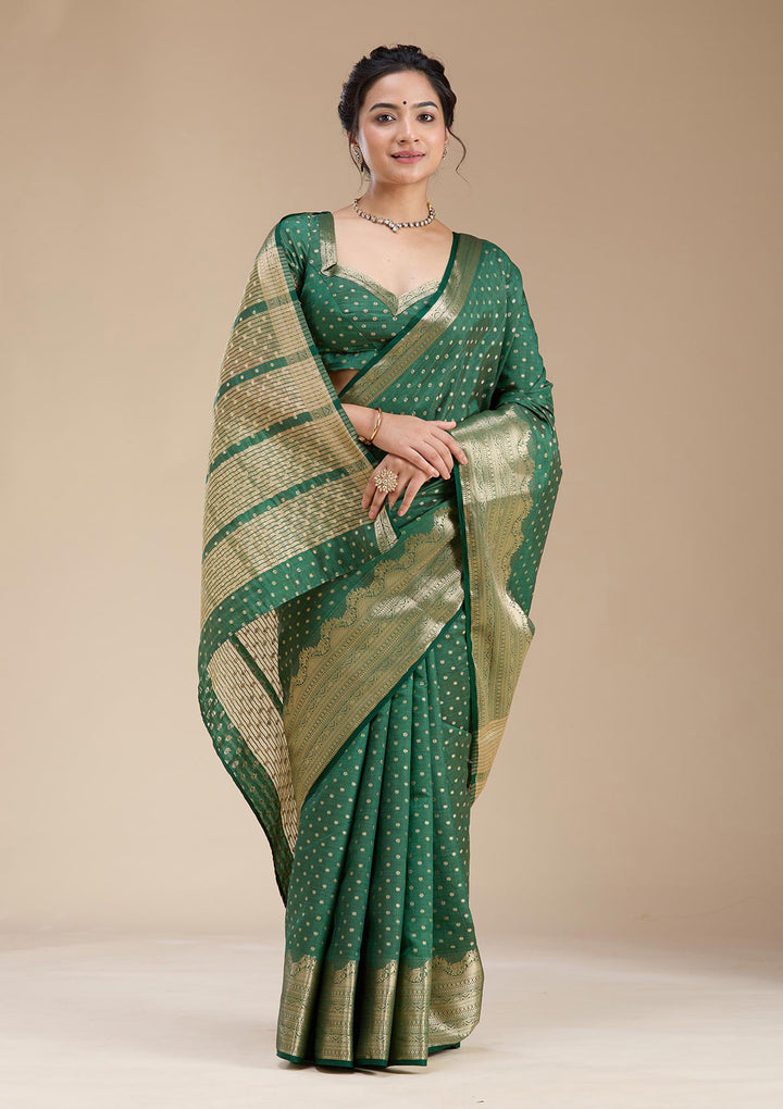 Bottle Green Silk Buti Gold Zariwork Saree With Matching Blouse Piece