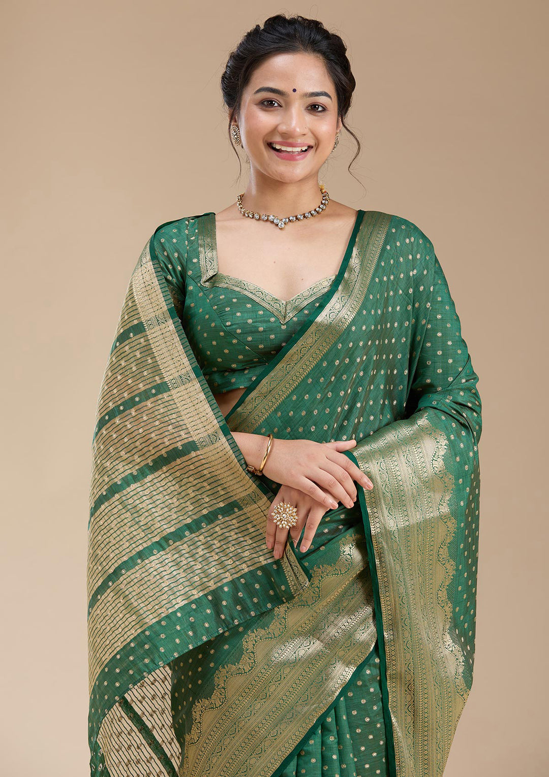 Bottle Green Silk Buti Gold Zariwork Saree With Matching Blouse Piece