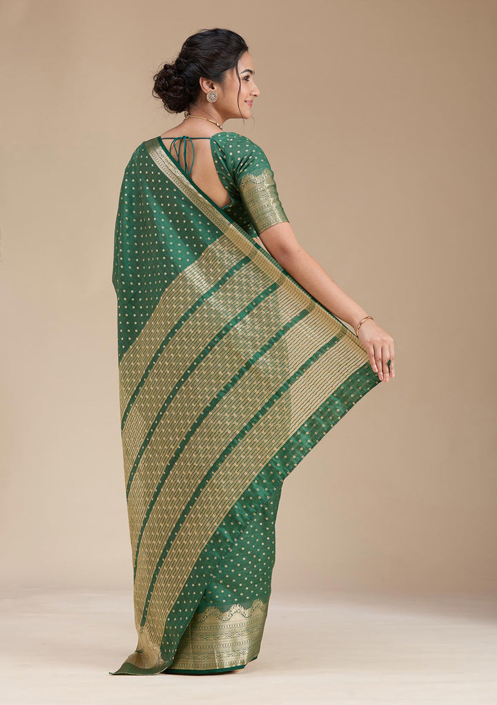 Bottle Green Silk Buti Gold Zariwork Saree With Matching Blouse Piece