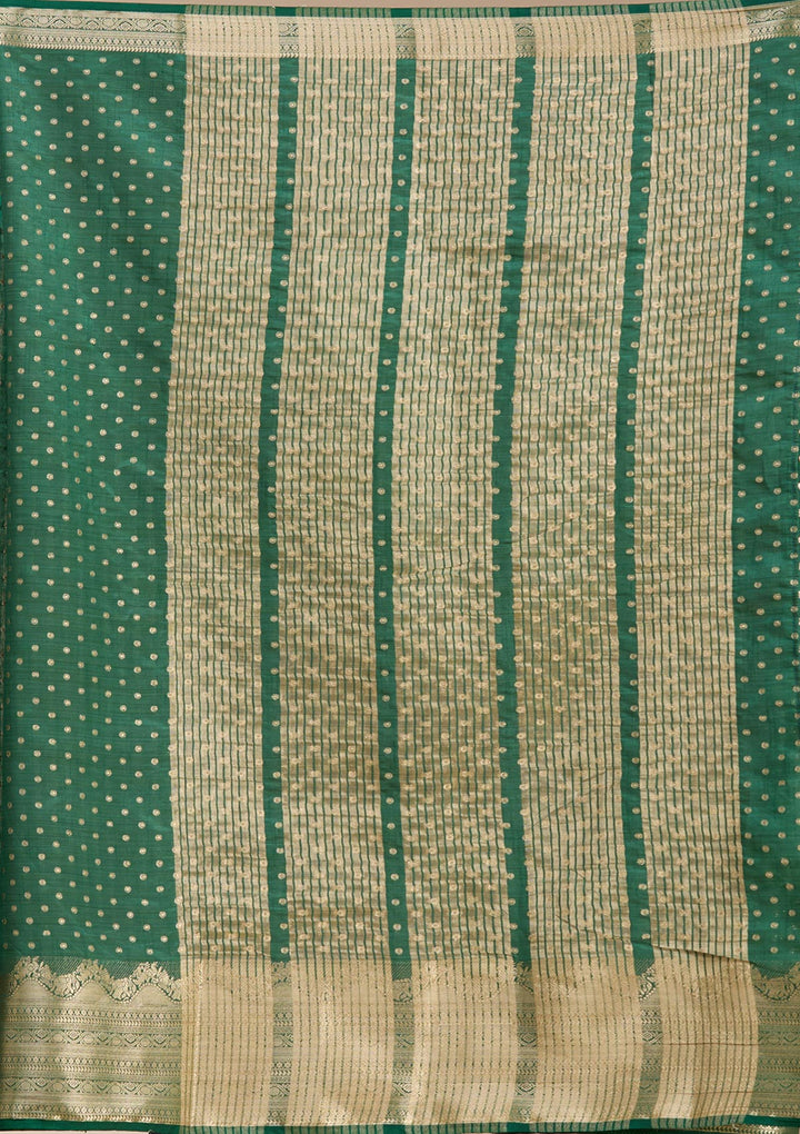 Bottle Green Silk Buti Gold Zariwork Saree With Matching Blouse Piece