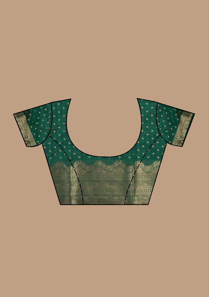 Bottle Green Silk Buti Gold Zariwork Saree With Matching Blouse Piece