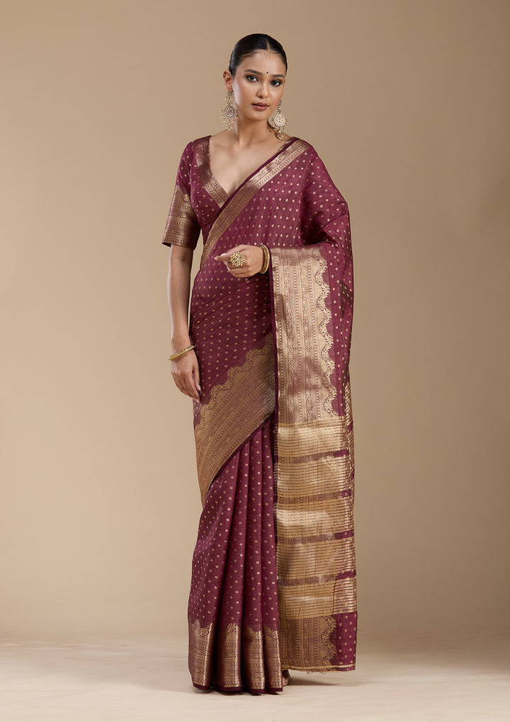 Brown Silk Buti Gold Zariwork Saree With Matching Blouse Piece