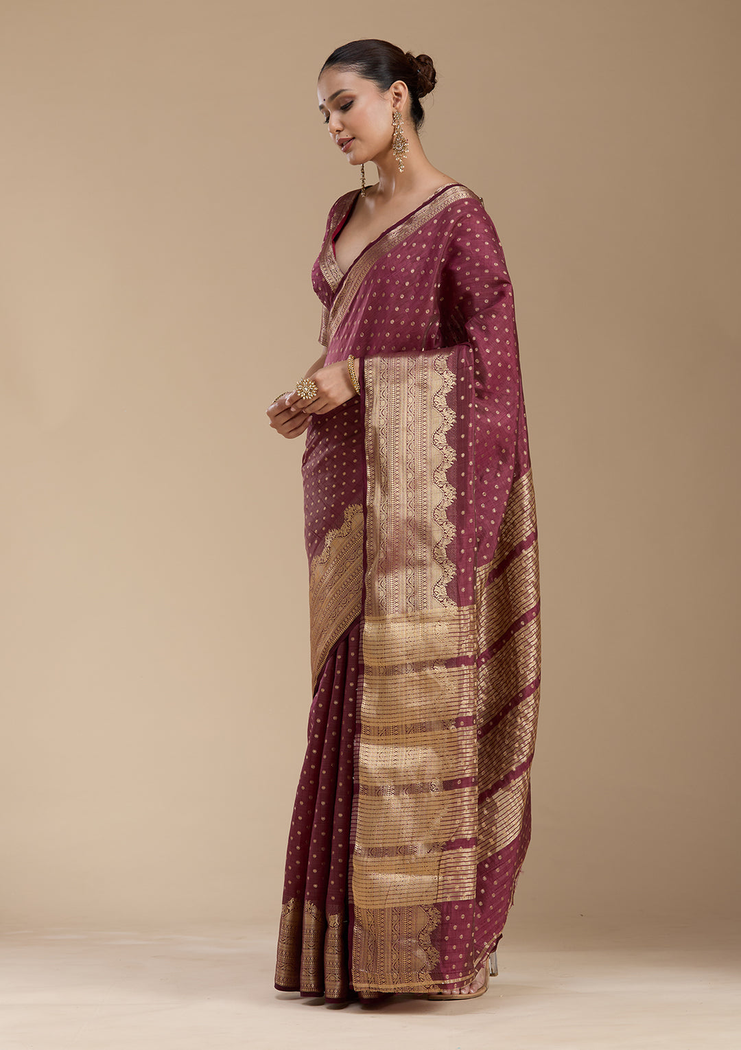 Brown Silk Buti Gold Zariwork Saree With Matching Blouse Piece