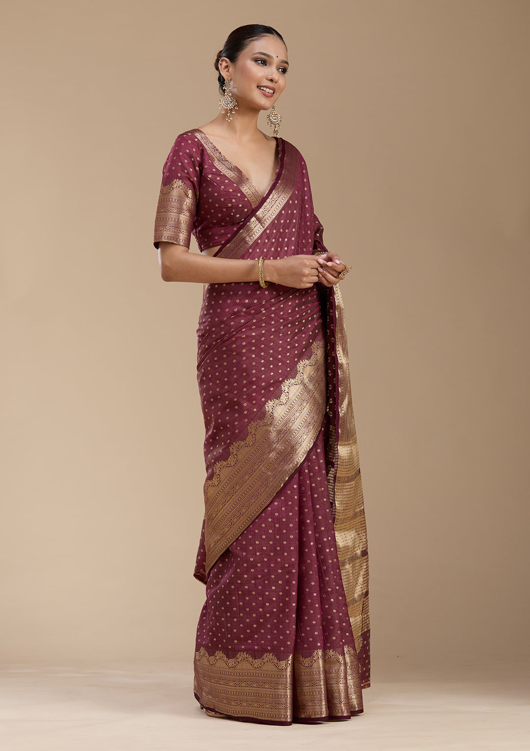 Brown Silk Buti Gold Zariwork Saree With Matching Blouse Piece