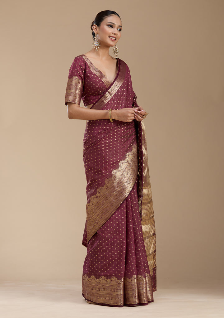 Brown Silk Buti Gold Zariwork Saree With Matching Blouse Piece