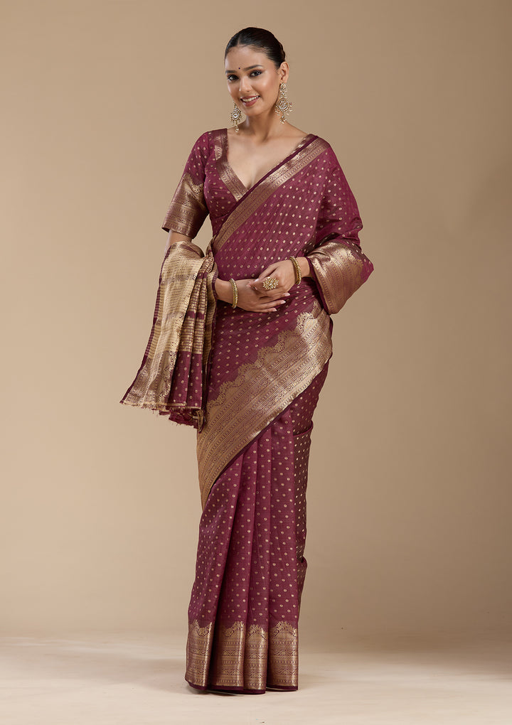 Brown Silk Buti Gold Zariwork Saree With Matching Blouse Piece