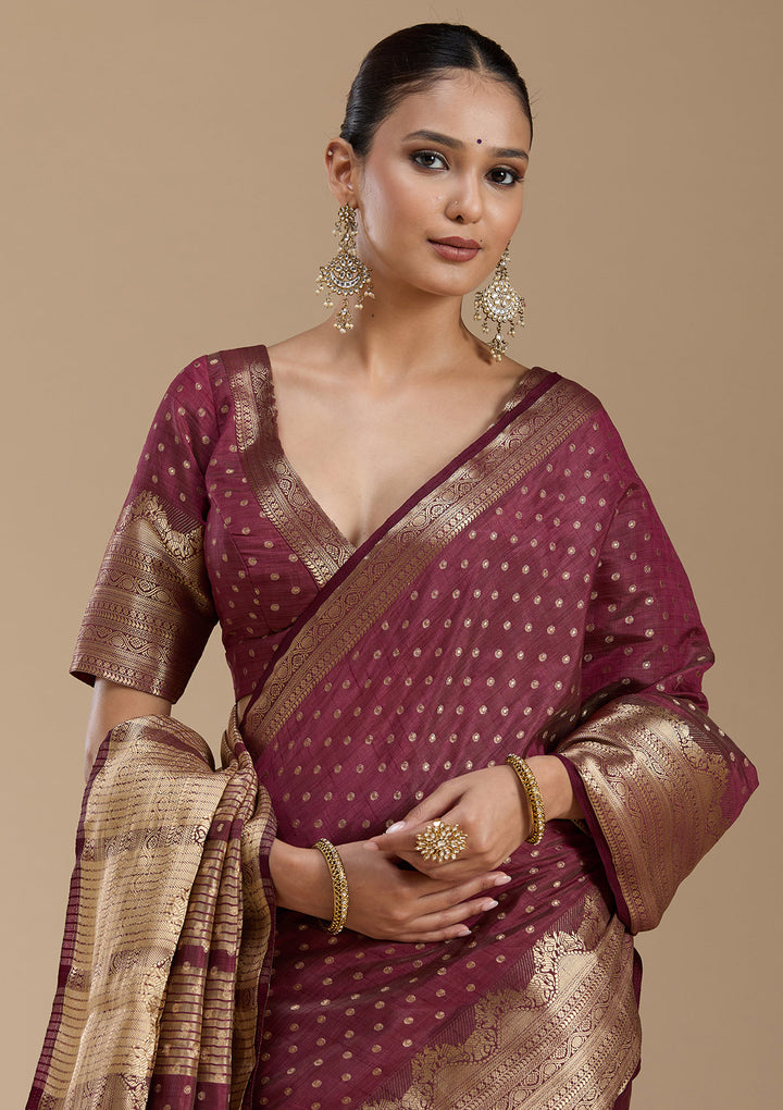 Brown Silk Buti Gold Zariwork Saree With Matching Blouse Piece