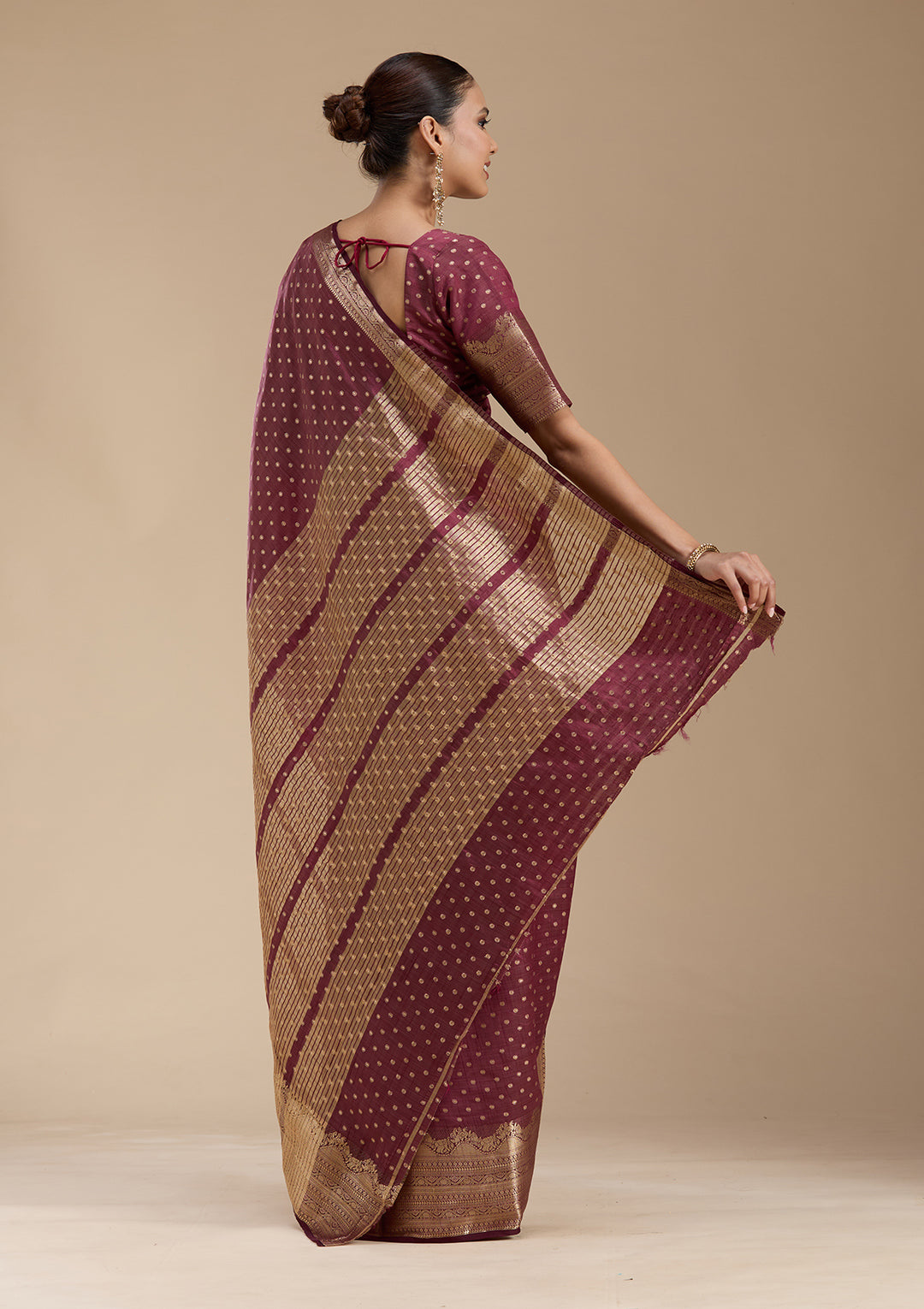 Brown Silk Buti Gold Zariwork Saree With Matching Blouse Piece