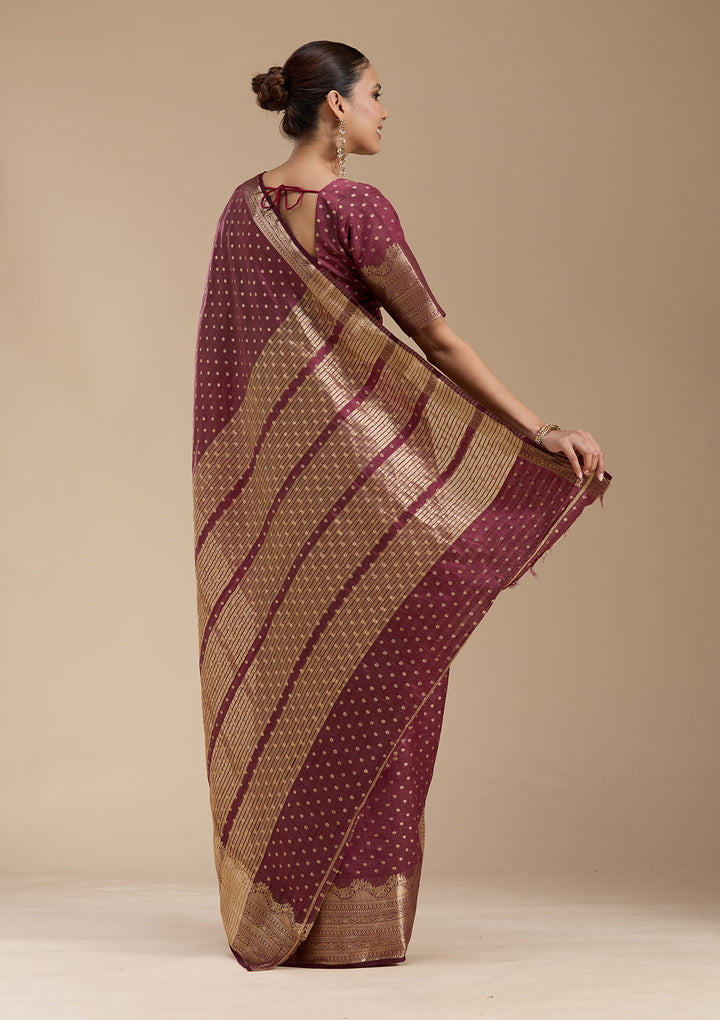Brown Silk Buti Gold Zariwork Saree With Matching Blouse Piece