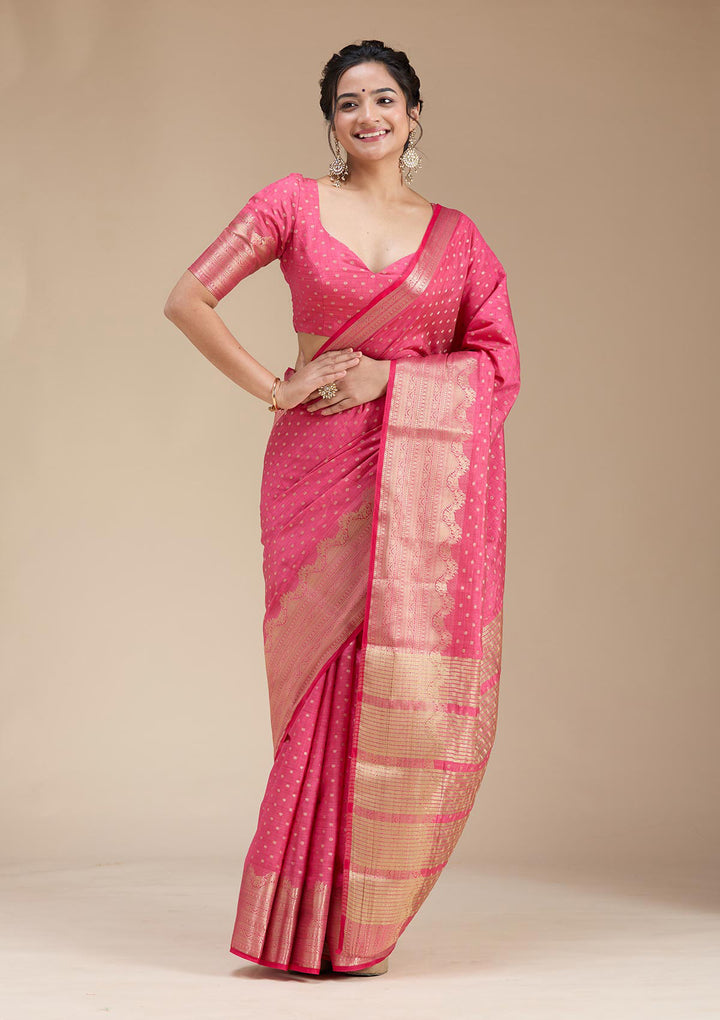 Pink Silk Buti Gold Zariwork Saree With Matching Blouse Piece