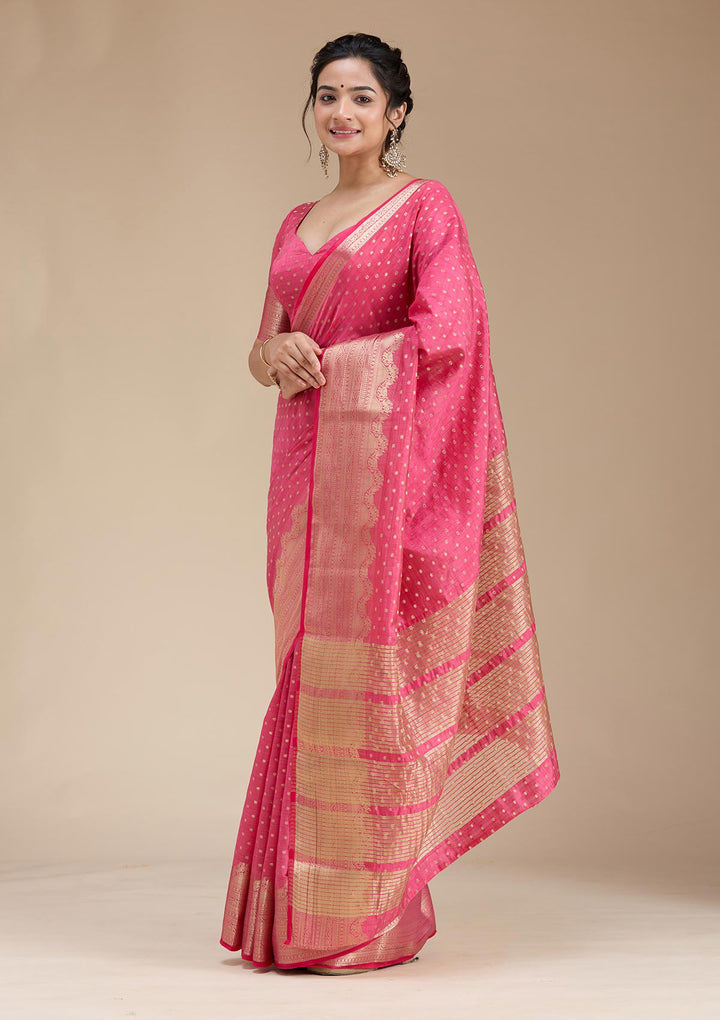 Pink Silk Buti Gold Zariwork Saree With Matching Blouse Piece