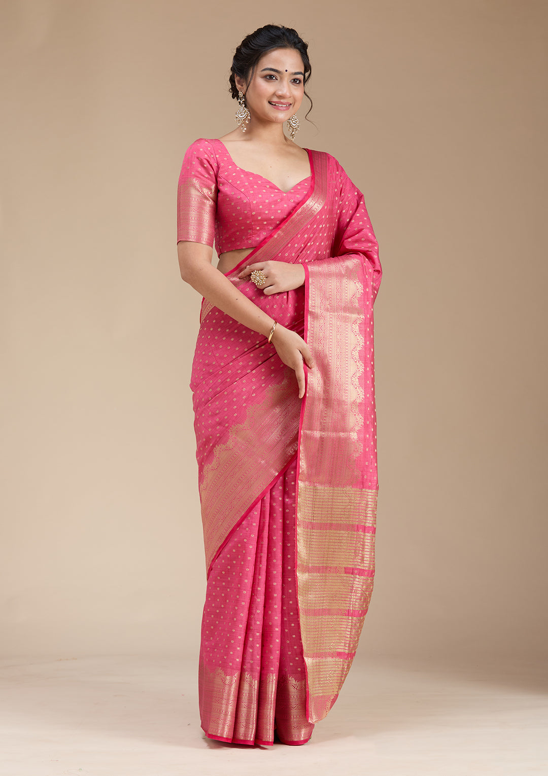 Pink Silk Buti Gold Zariwork Saree With Matching Blouse Piece