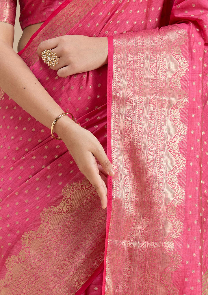 Pink Silk Buti Gold Zariwork Saree With Matching Blouse Piece